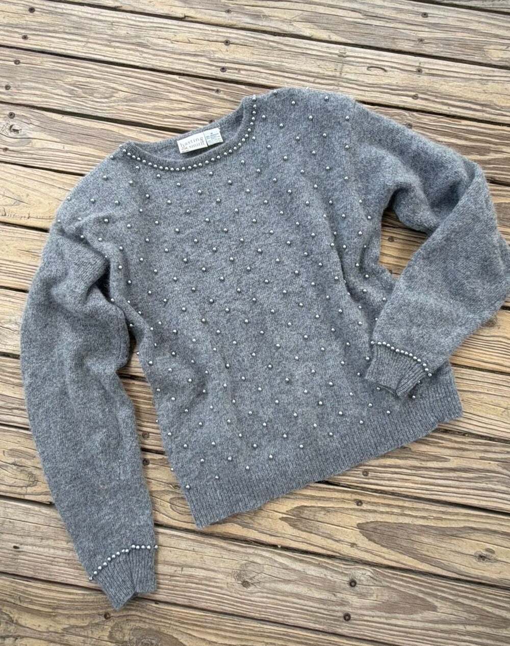 Hasting & Smith Size M Gray Embellished Studded Lambswool Angora Blend Sweater